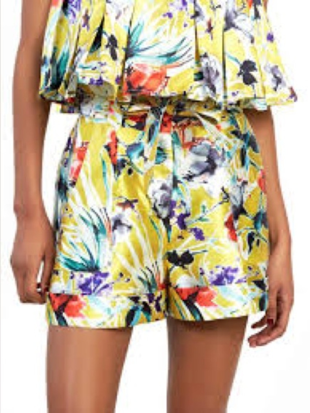 NWT Gracia Yellow Floral High-Waist Tie Shorts
